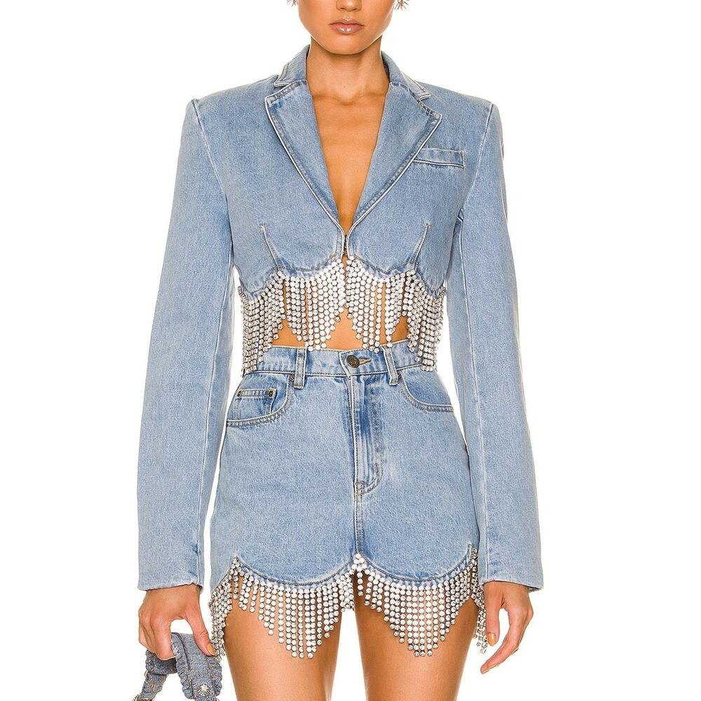 Area Cropped Light Blue Scalloped Crystal Denim Blazer Size 2